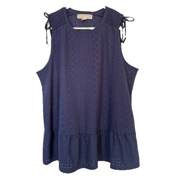 Michael Kors Dresses & Skirts - Michael Kors Stretch Women's Sleeveless Top Navy Blue Eyelet Ruffle Hem Size L